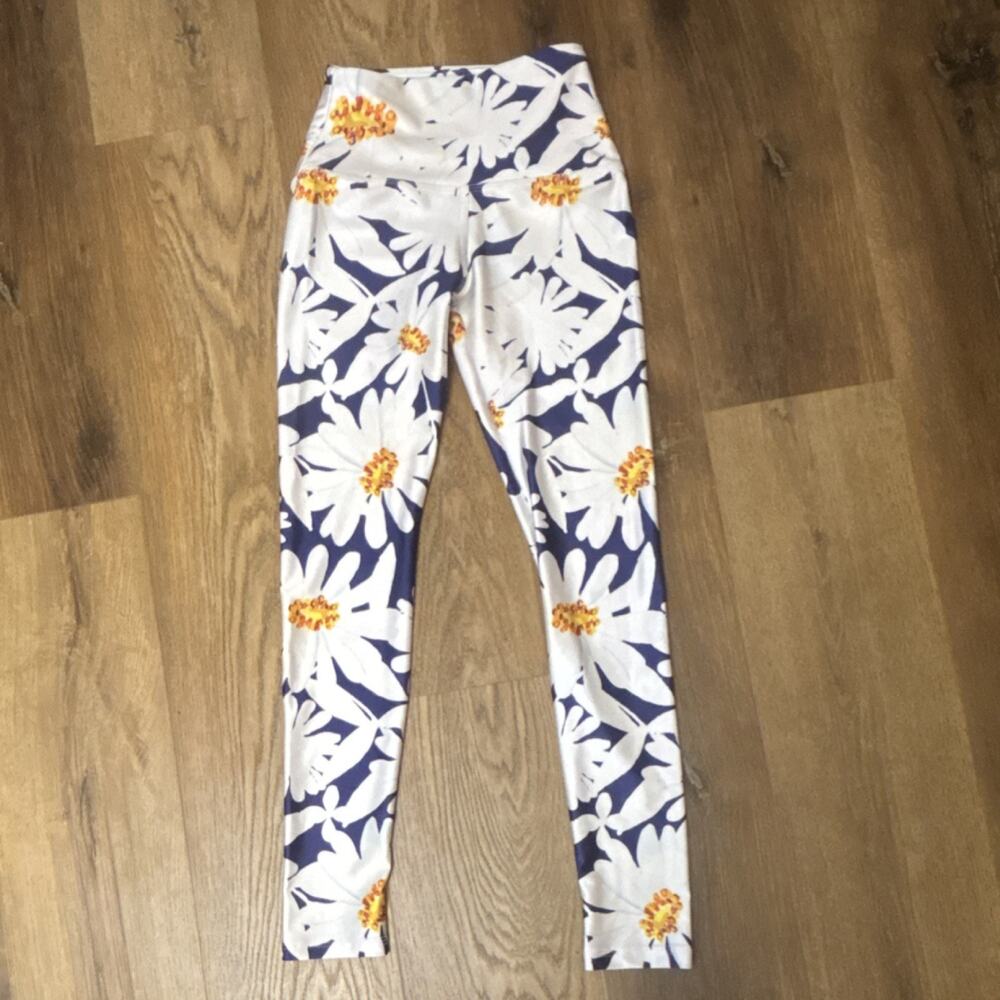 Pineapple Clothing Floral Ankle Leggings White Blue Yellow Women's XS